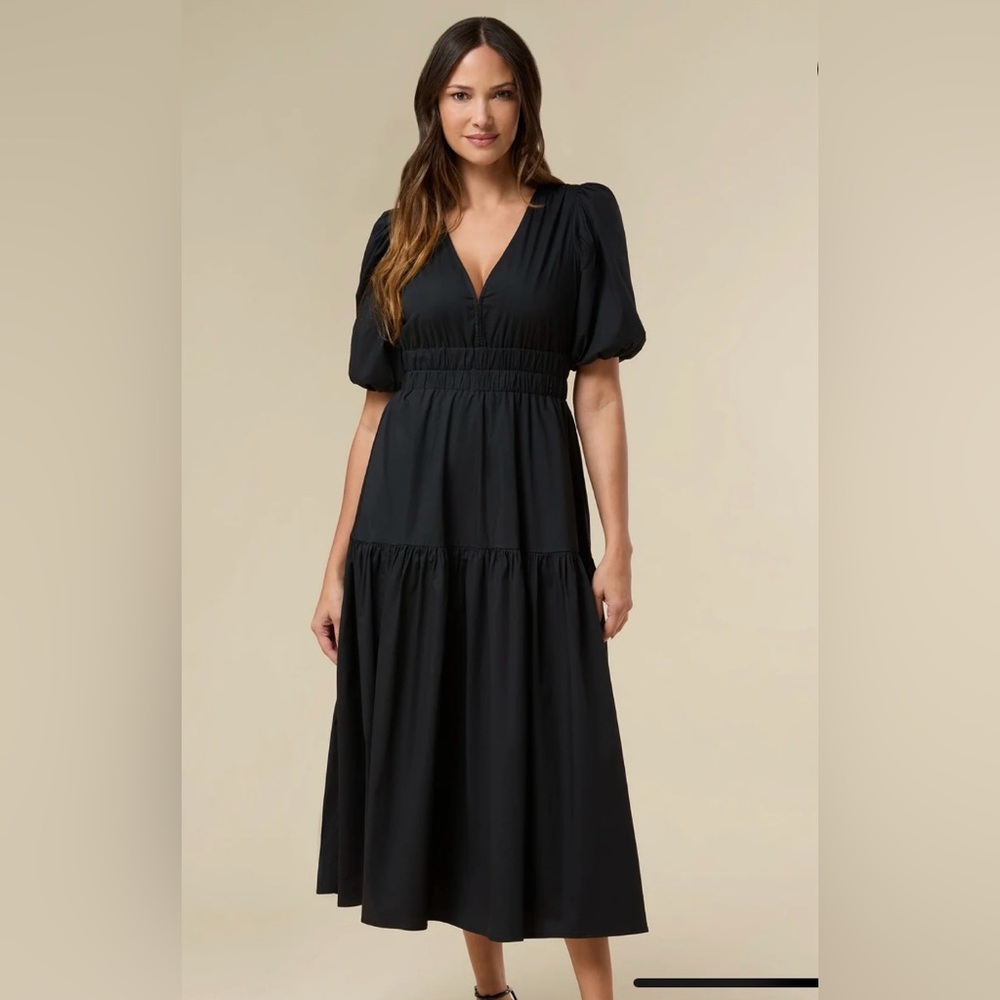 Rachel Parcell Puff Sleeve V-neck Poplin Midi Dress | Black Size Small